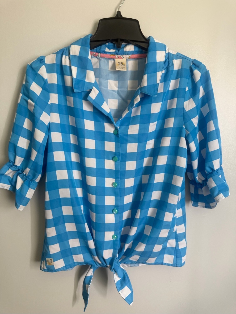 Wildflowers Blue & White Gingham Tie-Front Button Down Ruffle Short Sleeve top S
